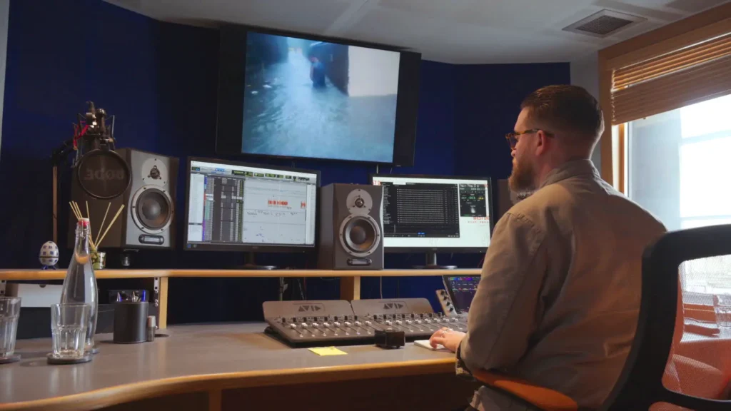 Audio engineer mixing at an Avid control surface, Pro Tools on screen and picture playing above