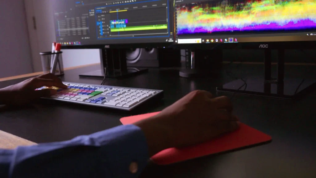 Editor at a colour-coded editing keyboard, with an edit timeline and colour scopes on screen