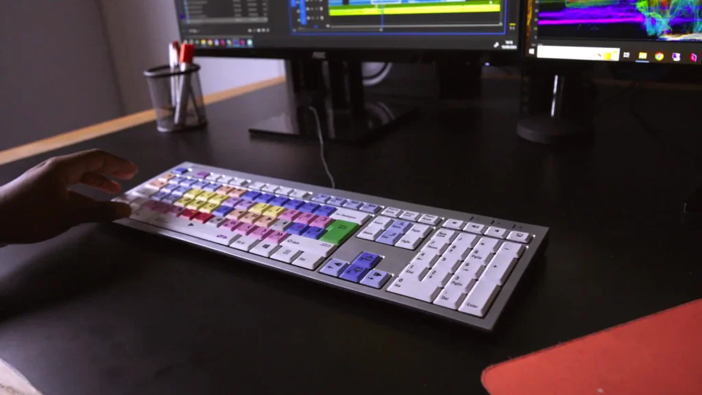A shortcut-mapped editing keyboard in one of the edit suites, timeline and scopes behind