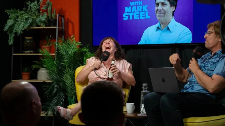Sophie Willan guffaws at Mark Steel's joke