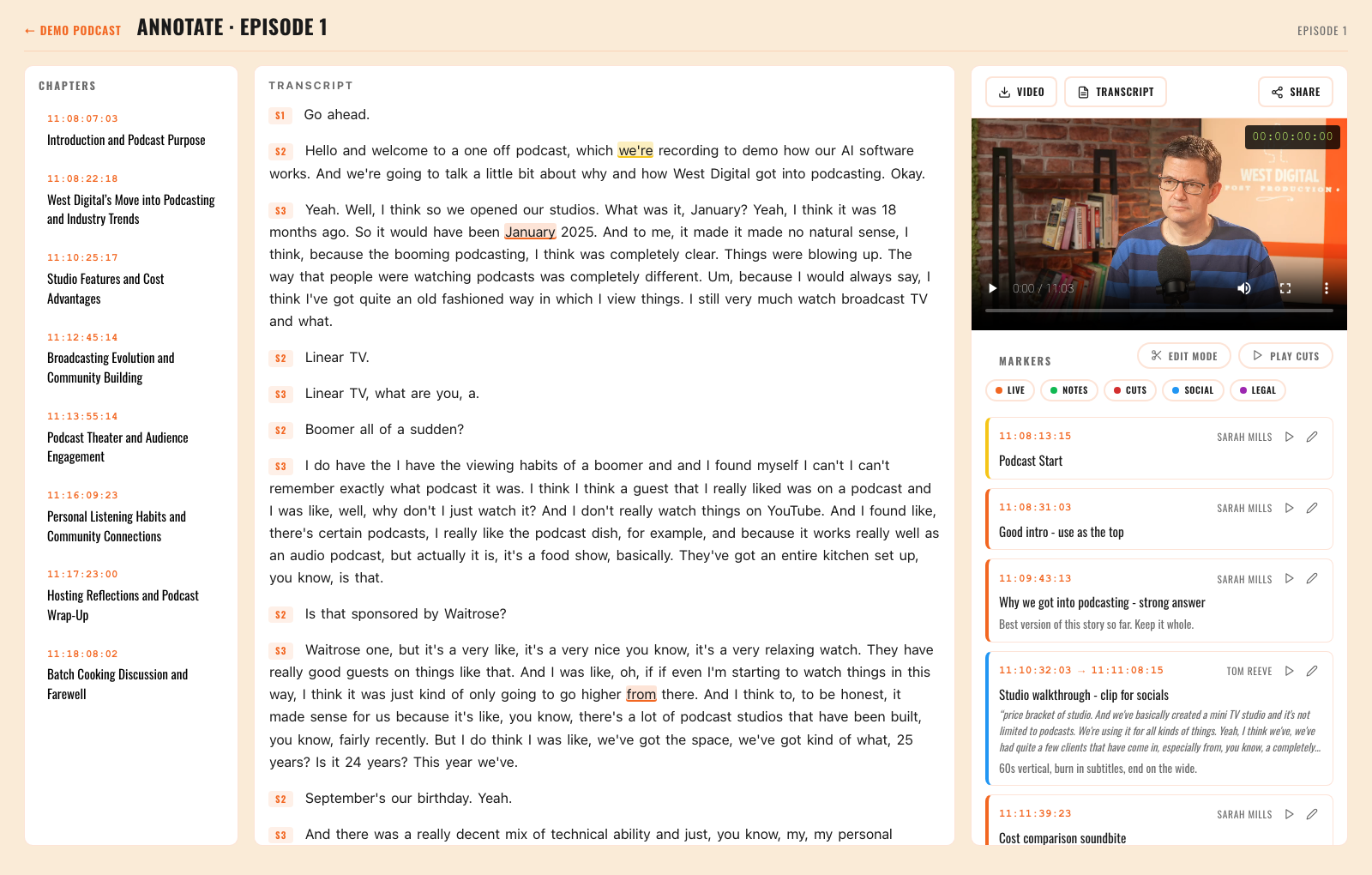 Review and Edit: chapters, a searchable transcript and timecoded markers beside the review player