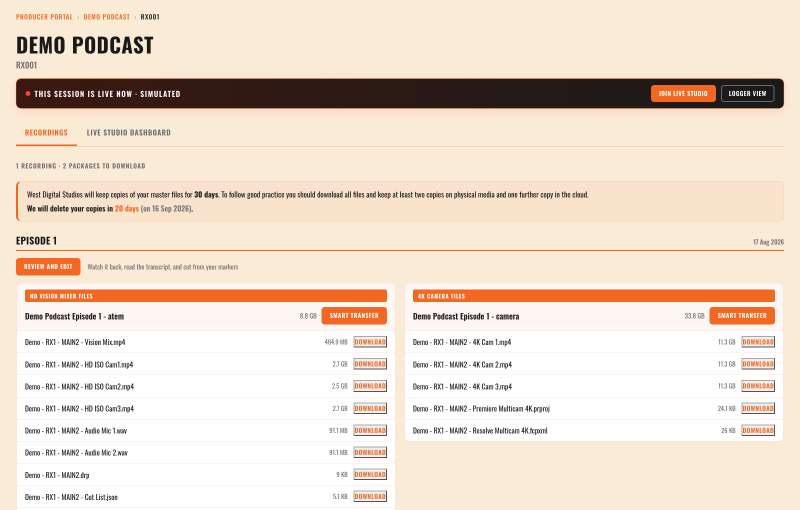 The Recordings tab of an episode, with the ATEM and 4K camera packages ready to download and a Review and Edit button