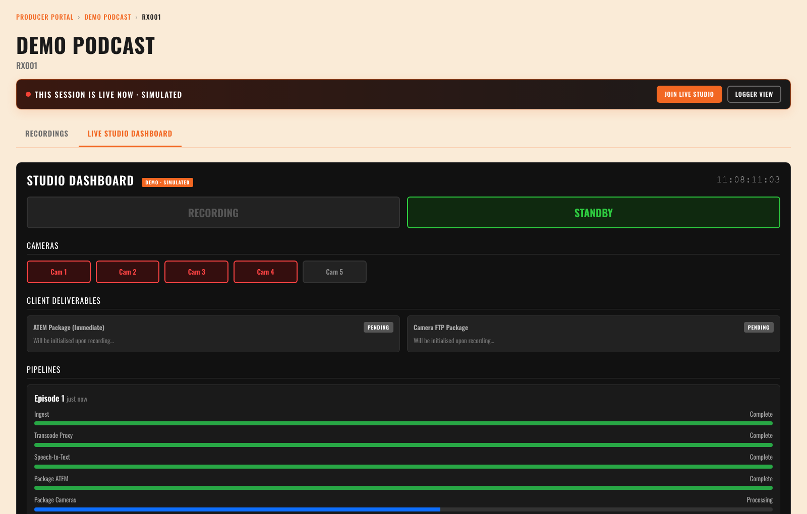 The Live Studio Dashboard during a record, showing camera tallies, deliverable status and each processing stage